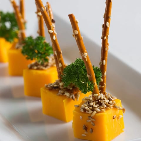 Festive NYE cheese sparklers: sharp cheddar cubes skewered on pretzel sticks, ready to enjoy.