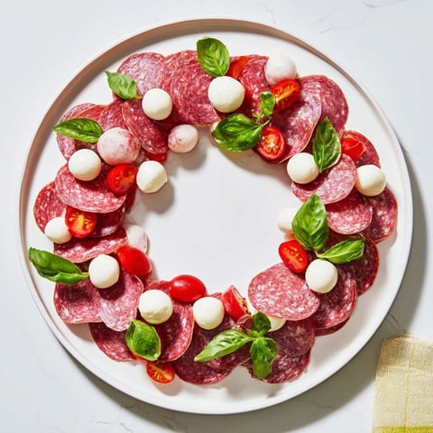 Folded salami wreath arranged as a festive appetizer, glistening with fresh mozzarella and tomatoes.