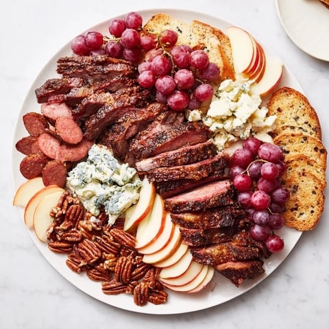 Smoky BBQ & Bourbon Companion charcuterie board, a colorful spread with meats, cheeses, and decadent dark chocolate.