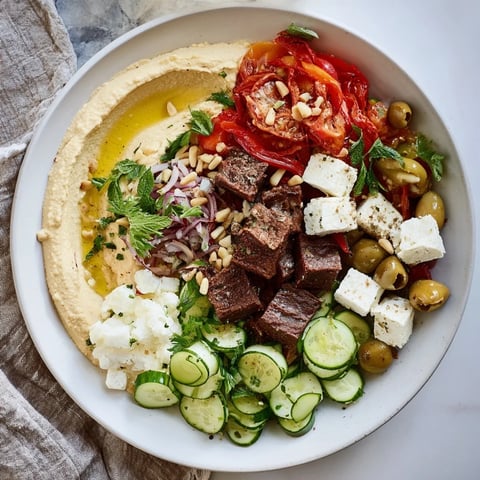 A colorful Mediterranean Mezza Platter with creamy hummus, feta, and fresh veggies ready to enjoy.