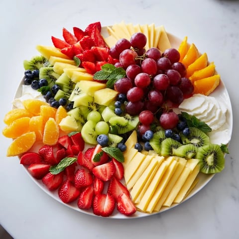 Vibrant Kaleidoscope Circle platter showcasing colorful fruit and cheese wedges, perfect for sharing.