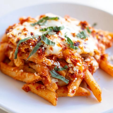 A bubbling, golden Baked Penne Arrabbiata, ready to serve after baking, with melted mozzarella.