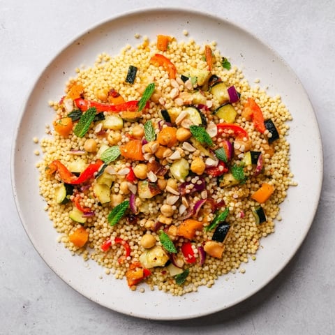 Fluffy Moroccan Couscous Salad with colorful roasted vegetables and fresh herbs, ready to serve.