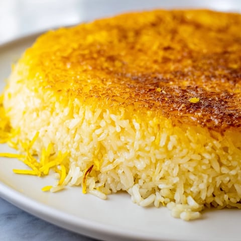 Golden Persian Tahdig rice with a crispy crust and fluffy rice, ready to serve and enjoy.