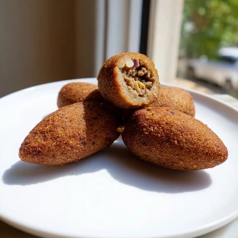 Golden-brown, crispy Lebanese Kibbeh, ready to enjoy as a flavorful Middle Eastern dinner.