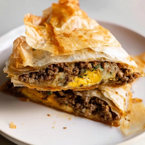 Golden and crispy Tunisian brik pastry, a savory appetizer with a runny egg center.
