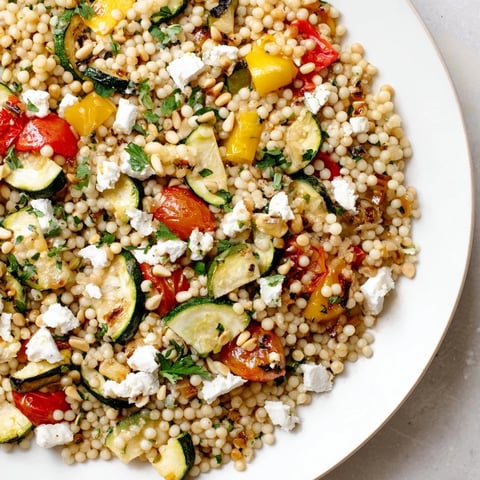 Roasted Veggie Couscous Salad with colorful zucchini, peppers, and tomatoes tossed in zesty lemon dressing.