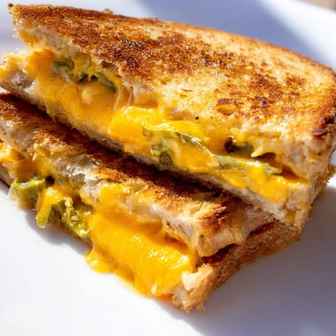 Golden-brown grilled cheese sandwiches oozing with creamy jalapeño popper filling, sliced to reveal melted cheese and fresh peppers.