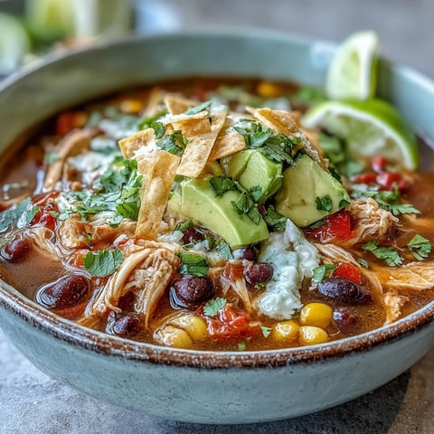 A steaming bowl of Instant Pot Chicken Tortilla Soup topped with avocado, cilantro, and crispy tortilla chips.