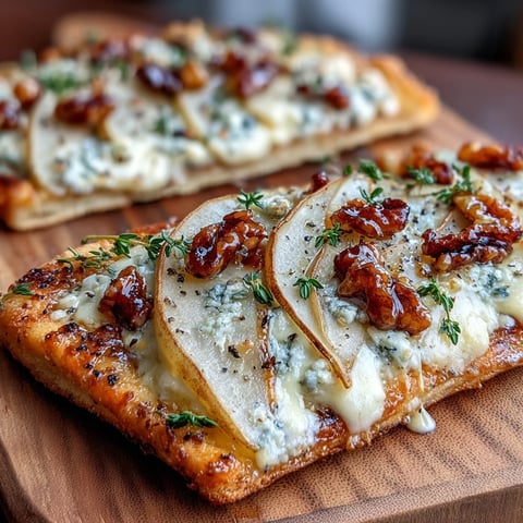 Freshly baked Pear, Gorgonzola, and Pickled Walnut Pizzettes feature golden crusts, bubbling cheese, and sliced pears topped with fresh thyme on a wooden board.