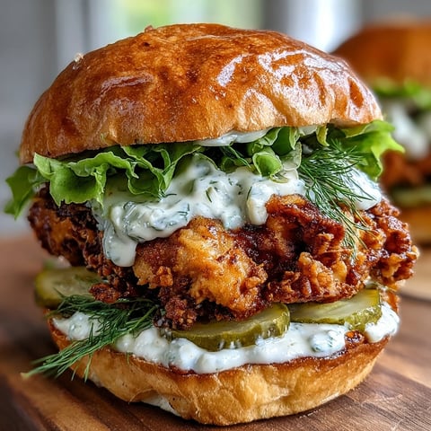 Golden-brown fried chicken breasts piled high on a toasted brioche bun with fresh lettuce, pickles, and creamy homemade sauce drizzled over the top.  