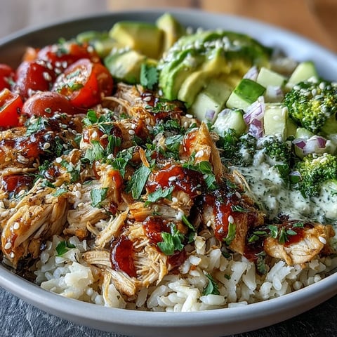 A vibrant Rotisserie Chicken Bowl layered with tender shredded chicken, fluffy brown rice, fresh tomatoes, cucumber, and creamy avocado slices.