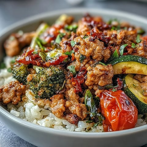 A vibrant bowl of Ground Turkey Bowl with roasted vegetables, whole grains, and fresh avocado slices.