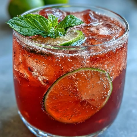 Chilled guava juice with sparkling water in a tall glass over ice, garnished with fresh mint.