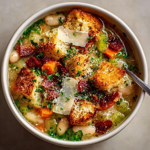 Fragrant White Bean Soup with Bacon cooking, showing tender carrots, celery, and herbs.