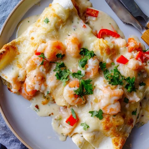 Close-up: Loaded Cheesy Garlic Shrimp Enchiladas, oozing with cheese, garnished with fresh cilantro.