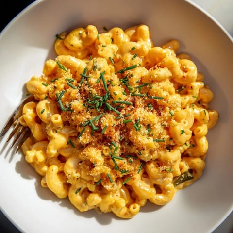 Bowl of spicy Sriracha Pickle Mac and Cheese, with tangy dill pickles incorporated.  