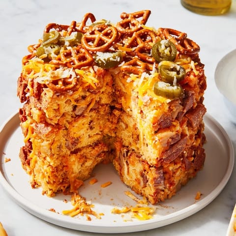 Savory Spicy Ranch Pretzel Chaos Cake drizzled with hot sauce for extra flavor.  