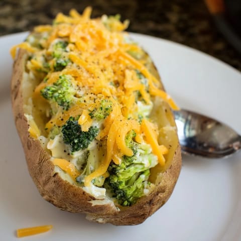 Warm Cheesy Broccoli Stuffed Potatoes filled with creamy broccoli and savory cheese blend.  