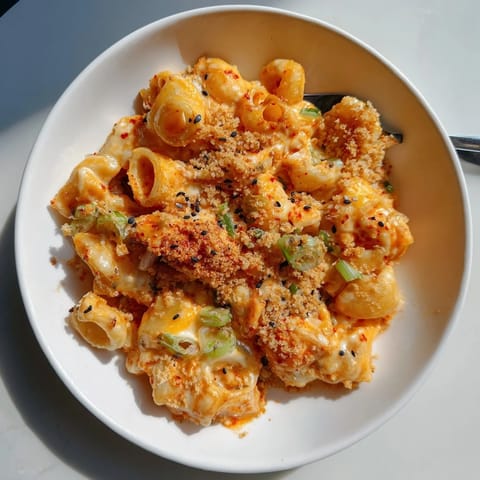 Deliciously bold Spicy Kimchi Mac & Cheese, featuring melty cheese and tangy kimchi.  