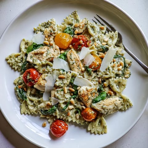 Creamy Pesto Chicken Bowtie Pasta, vibrant with spinach and cherry tomatoes, plated beautifully.  