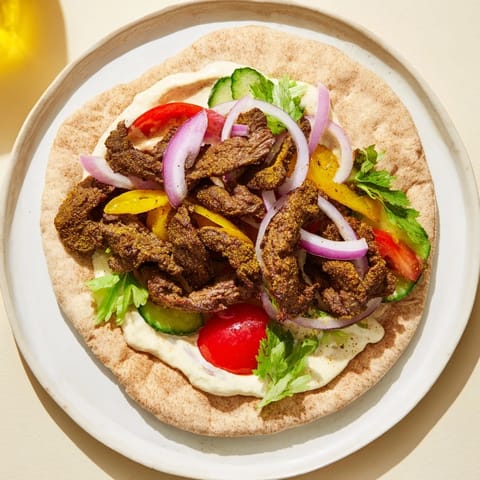 Mouthwatering image of a fully-assembled Beef Shawarma Wrap, complete with creamy sauce.