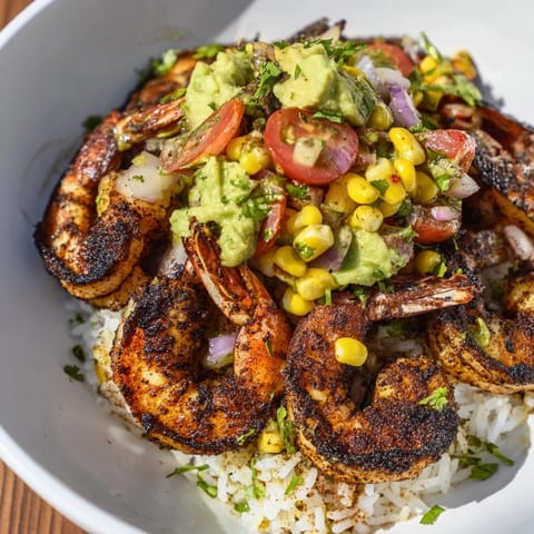 Mouthwatering Blackened Shrimp Bowl featuring perfectly seared shrimp, a vibrant avocado salsa, and lime wedges.
