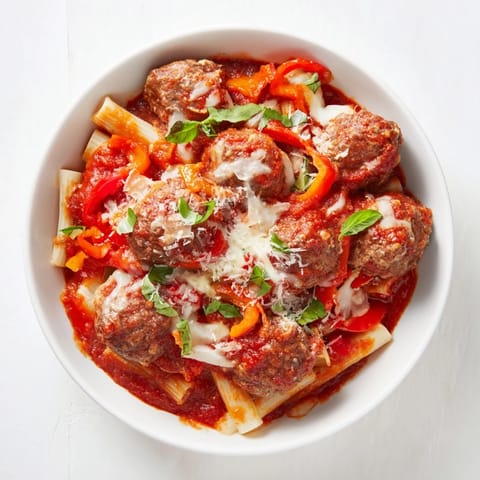 A close-up of a skillet brimming with Italian Meatball Pasta Skillet, ready for a delicious meal.