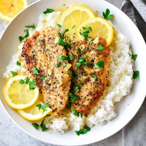 A close-up of tender Lemon Pepper Chicken glistening, plated with fragrant rice and fresh lemon wedges.
