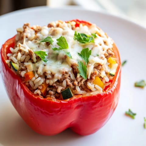 A close-up of golden-brown stuffed peppers with turkey filling, ready for a hearty dinner.