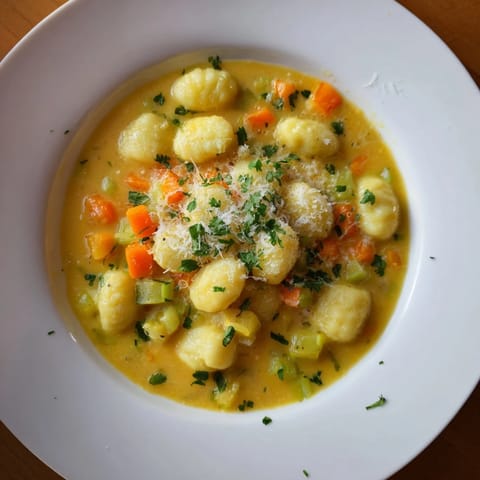 A close-up view of creamy butternut squash gnocchi soup, smelling of herbs, ready to be eaten.