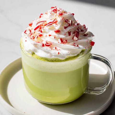 Steaming Cozy Peppermint Matcha Christmas Latte with a green matcha swirl, festive for holiday celebrations.