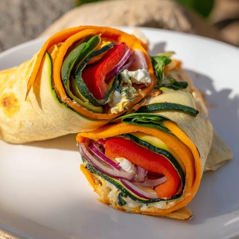 A close-up of a perfectly folded Snowflake Hummus & Roasted Veggie Wrap, ready for an enjoyable bite.