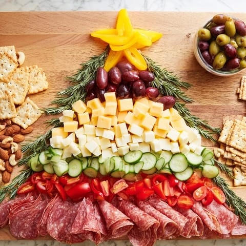 Vibrant Christmas Tree Snack Board: a delicious, party-ready appetizer arrangement with grapes and cheese.