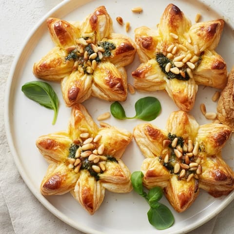 Festive star-shaped pesto pinwheels with flaky layers, filled with vibrant pesto and Parmesan cheese aromas.