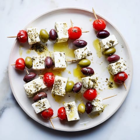 Close-up of delicious Holiday Cheers Olive and Feta Skewers, showcasing fresh toppings & a beautiful holiday presentation.