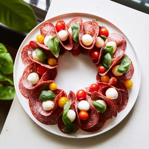 Easy-to-make folded salami wreath, a delightful charcuterie board centerpiece, elegantly presented for serving.
