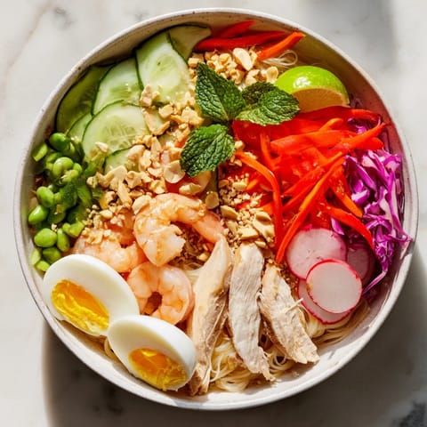 A delicious Asian Fusion Noodle Bowl Board with rice noodles, fresh garnishes, and an array of sauces.