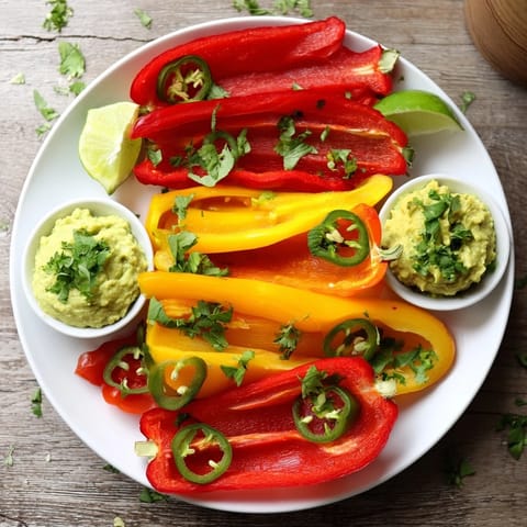 Freshly arranged Spicy Chili Pepper Fiesta features bell peppers, jalapenos, and various dips ready for scooping.