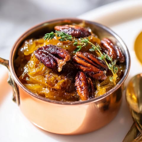 Warm, rich The Copper Kettle appetizer with a layer of sweet caramelized jam and crunchy pecans.