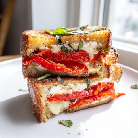 Crusty, grilled sourdough with vibrant roasted red peppers and goat cheese is this delicious Roasted Red Pepper Grilled Cheese.