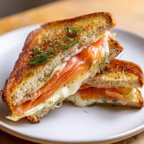 A perfectly grilled Smoked Salmon Grilled Cheese sandwich with layers of smoky salmon and creamy cheese.