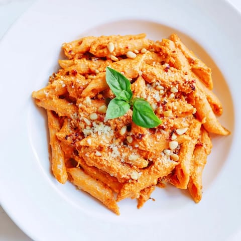 Savory sun-dried tomato pesto pasta, coated perfectly, ready to be enjoyed with family.