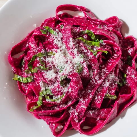 Homemade Beet Noodle Pasta, showing the beautiful magenta color from roasted beet puree, ready to eat.