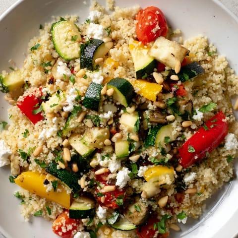 Warm Mediterranean Roasted Veggie Couscous Salad garnished with fresh herbs, crumbled feta, and toasted pine nuts.