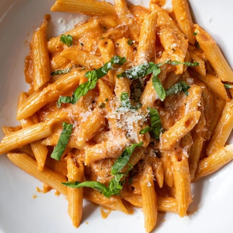 A close-up view of Creamy Roasted Red Pepper Pasta, with steam rising from the rich, creamy sauce and grated Parmesan.