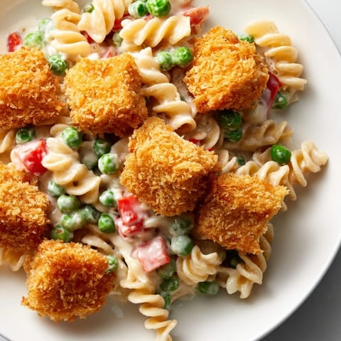 A hearty bowl of Crispy Chicken Ranch Pasta Salad showcases crunchy panko-coated chicken, green peas, and fresh green onions on a rustic kitchen table.