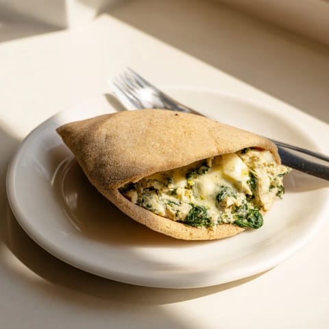 A close-up of warm, fluffy pita halves filled with spinach, artichokes, tender chicken, and gooey Parmesan cheese, perfect for a light dinner.