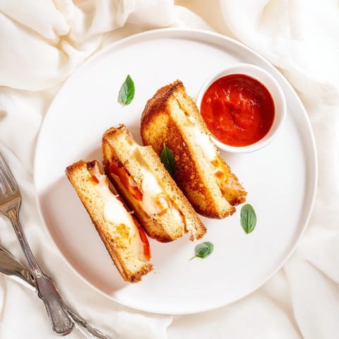 Freshly grilled Caprese Grilled Cheese Dippers, golden-brown and cut into strips, served warm with a side of tangy red marinara sauce.