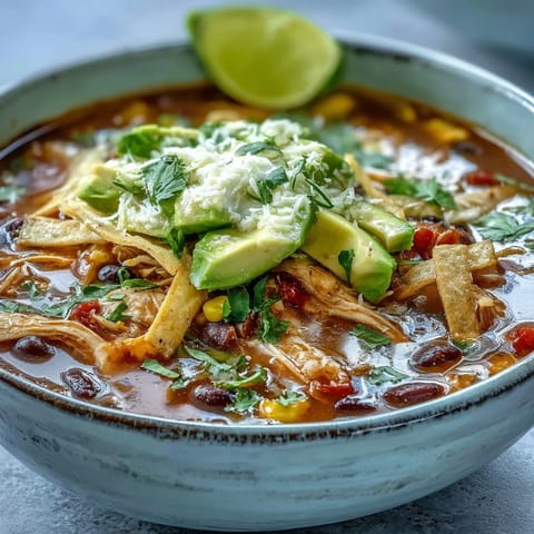 Served hot, this colorful Mexican-inspired soup features tender shredded chicken, black beans, and fresh lime wedges.
